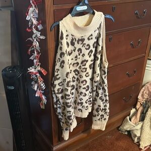 Off the shoulder, sleeved sweater, in Cheeta print